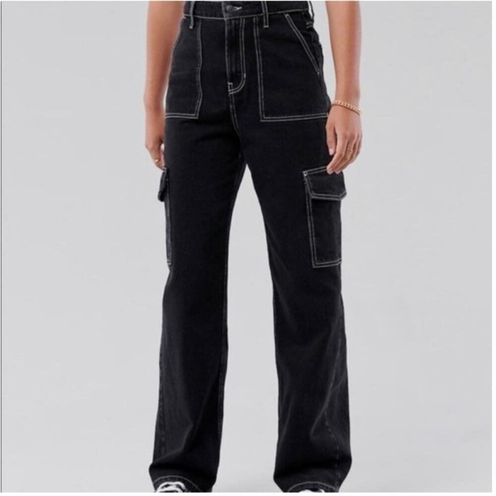 Abercrombie Social Tourist High Rise Black Wide Leg Cargo Jeans Size 24